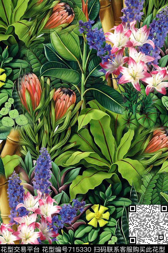 花朵花卉叶子数码印花华亿平台下载（图片编号: 715330） - 瓦栏（Walan）