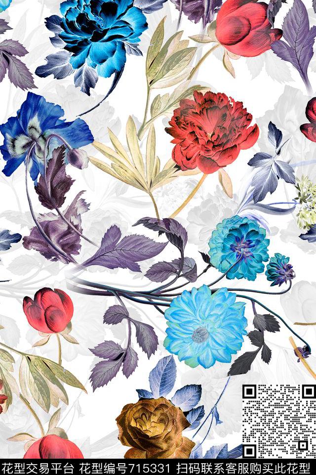 花朵花卉手绘数码印花华亿平台下载（图片编号: 715331） - 瓦栏（Walan）