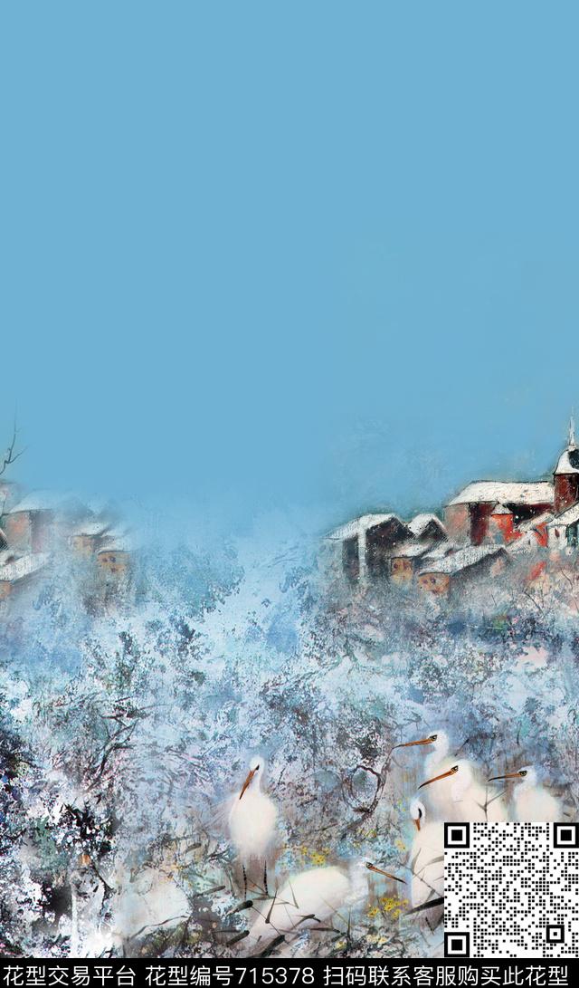 白鹭油画房子数码印花华亿平台下载（图片编号: 715378） - 瓦栏（Walan）