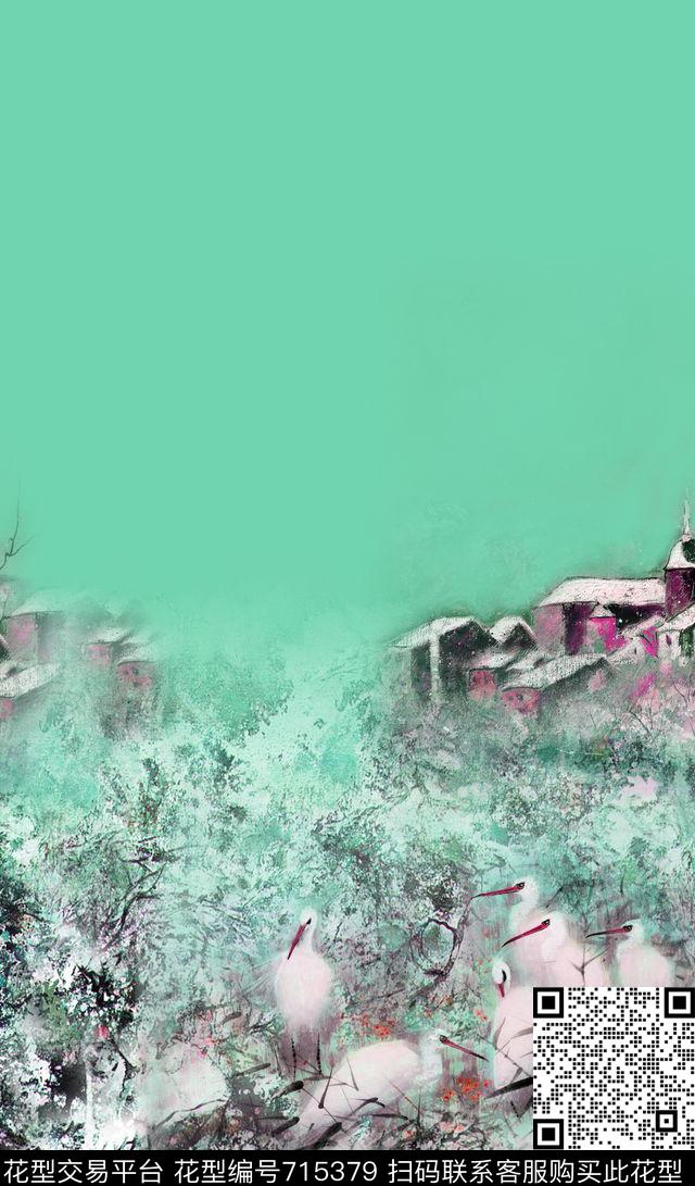 白鹭油画房子数码印花华亿平台下载（图片编号: 715379） - 瓦栏（Walan）