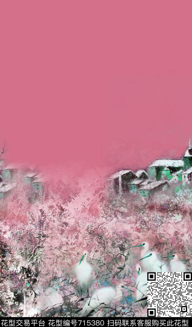 白鹭油画房子数码印花华亿平台下载（图片编号: 715380） - 瓦栏（Walan）