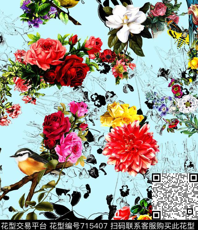 手绘乱花玫瑰小鸟数码印花华亿平台下载（图片编号: 715407） - 瓦栏（Walan）