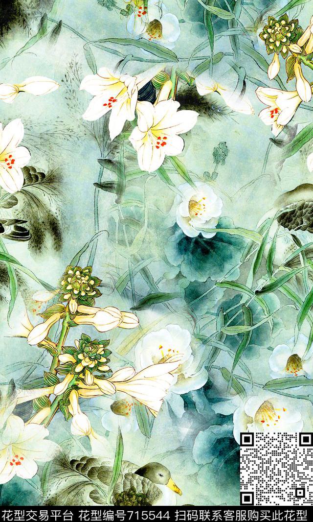 鸟水墨背景水彩花卉数码印花华亿平台下载（图片编号: 715544） - 瓦栏（Walan）