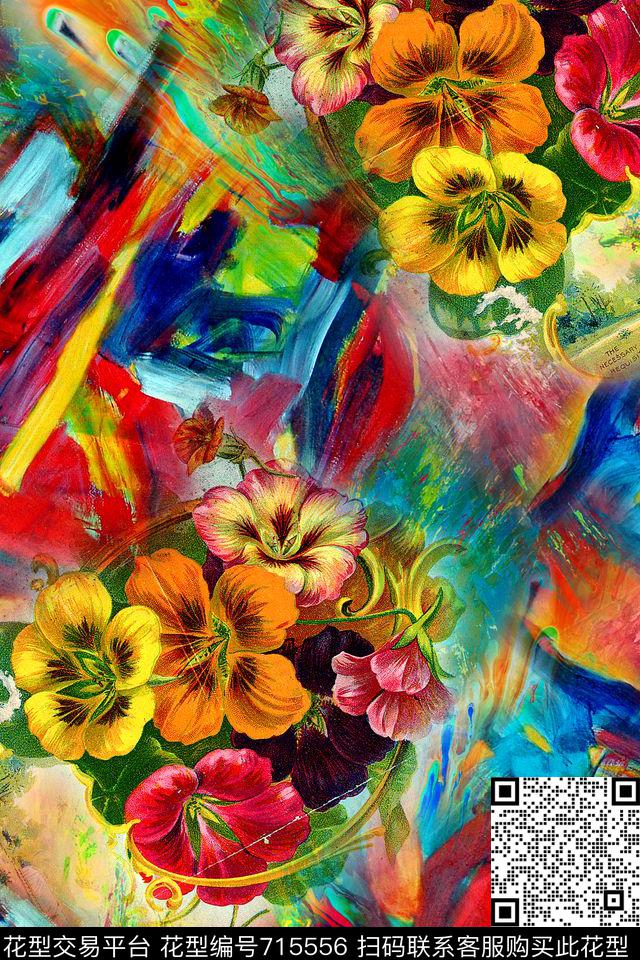 抽象油画花卉数码印花华亿平台下载（图片编号: 715556） - 瓦栏（Walan）