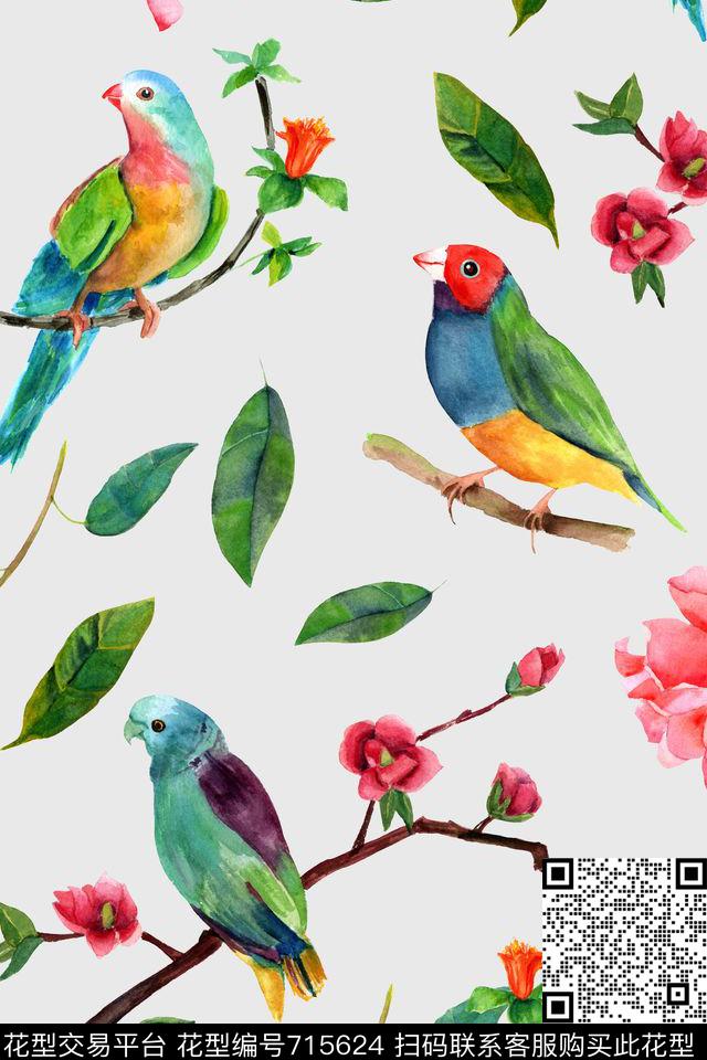 花卉小鸟水彩数码印花华亿平台下载（图片编号: 715624） - 瓦栏（Walan）