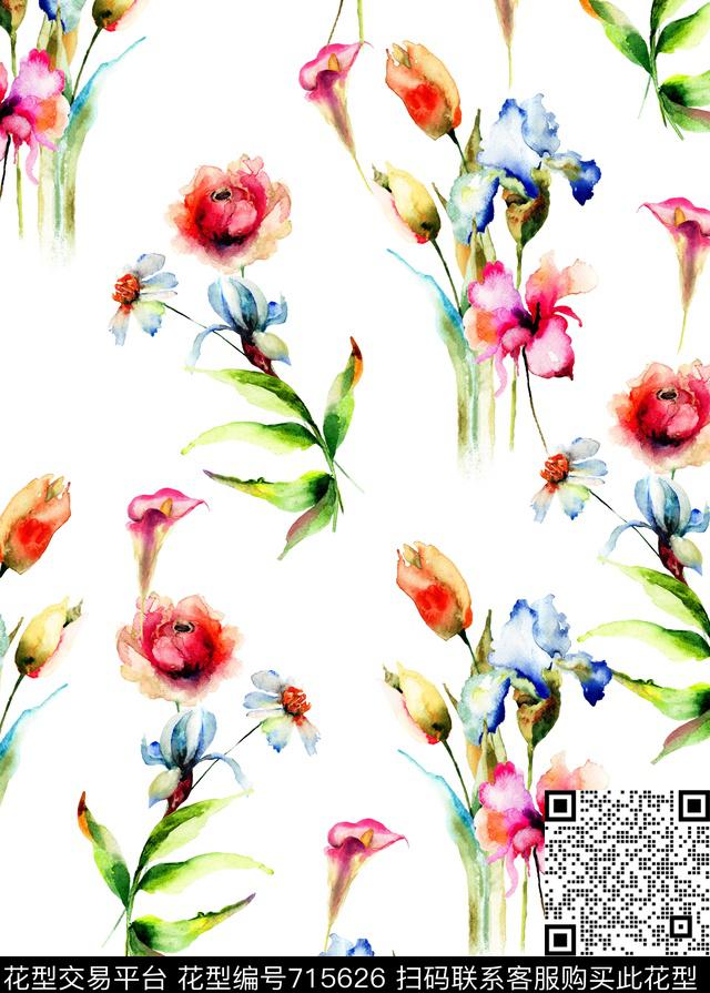 手绘花卉水彩花卉数码印花华亿平台下载（图片编号: 715626） - 瓦栏（Walan）