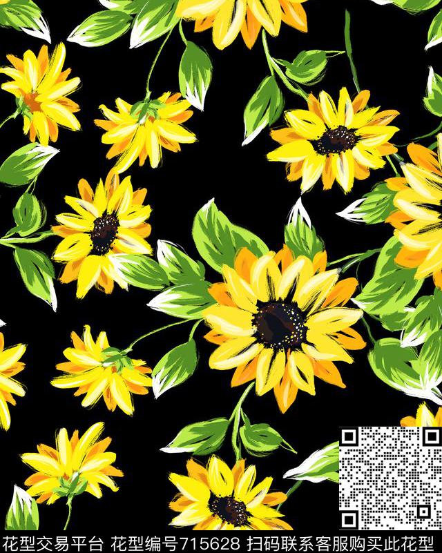 手绘向日葵花卉D&G水彩手绘感数码印花华亿平台下载（图片编号: 715628） - 瓦栏（Walan）