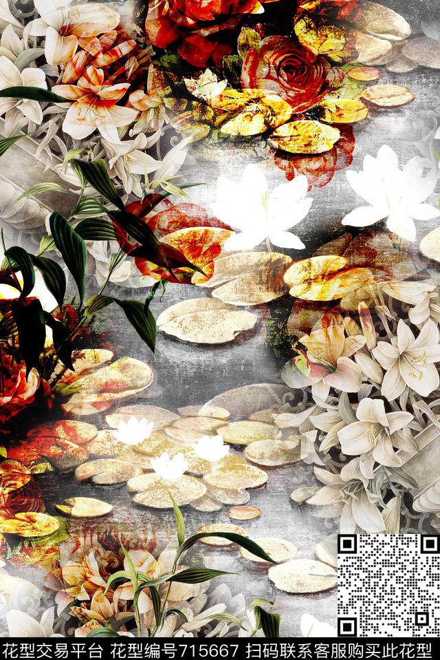 大花牡丹玫瑰数码印花华亿平台下载（图片编号: 715667） - 瓦栏（Walan）