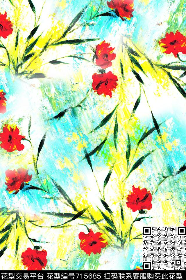 大花玫瑰水彩花数码印花华亿平台下载（图片编号: 715685） - 瓦栏（Walan）