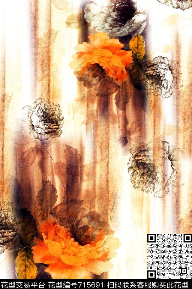 大花牡丹玫瑰数码印花华亿平台下载（图片编号: 715691） - 瓦栏（Walan）