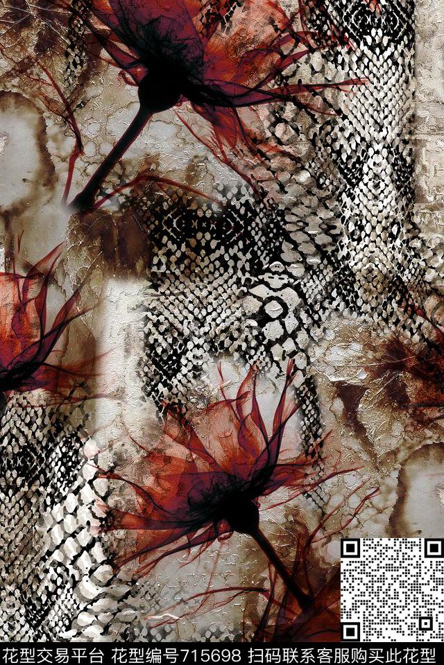大花花卉未来几何数码印花华亿平台下载（图片编号: 715698） - 瓦栏（Walan）