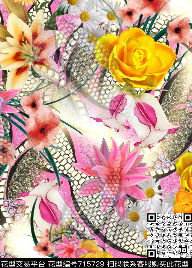 几何花卉花朵数码印花华亿平台下载（图片编号: 715729） - 瓦栏（Walan）