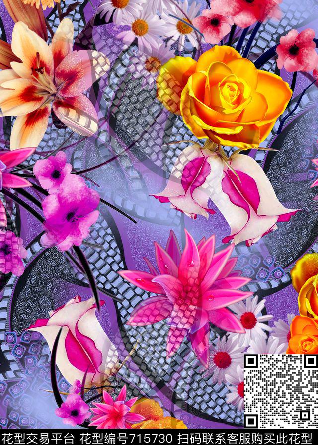 几何花卉花朵数码印花华亿平台下载（图片编号: 715730） - 瓦栏（Walan）