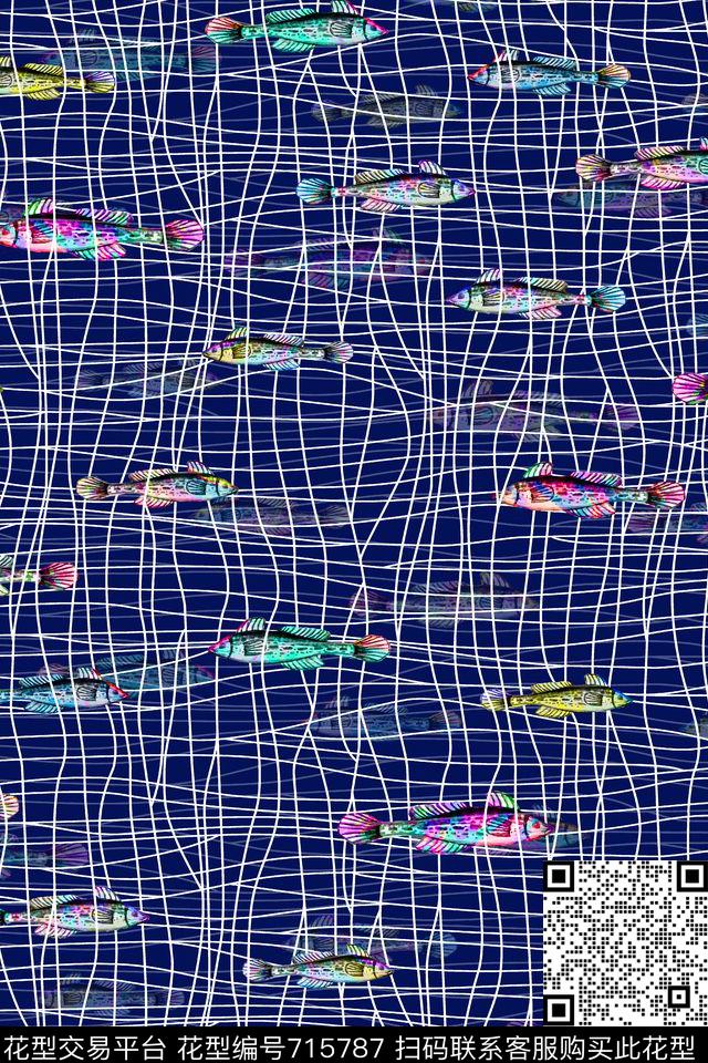 趣味多彩鱼线条传统印花华亿平台下载（图片编号: 715787） - 瓦栏（Walan）