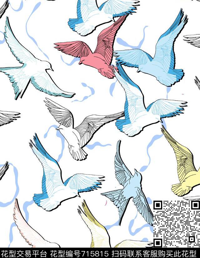 鸟鸽子多彩手绘鸽子传统印花华亿平台下载（图片编号: 715815） - 瓦栏（Walan）