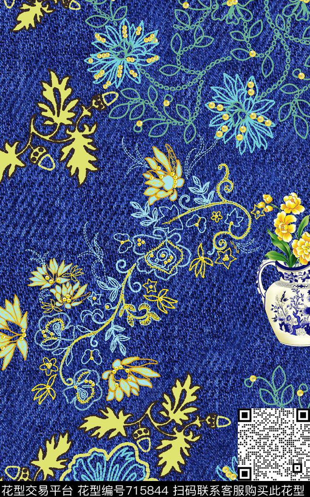 抽象牛仔花瓶数码印花华亿平台下载（图片编号: 715844） - 瓦栏（Walan）