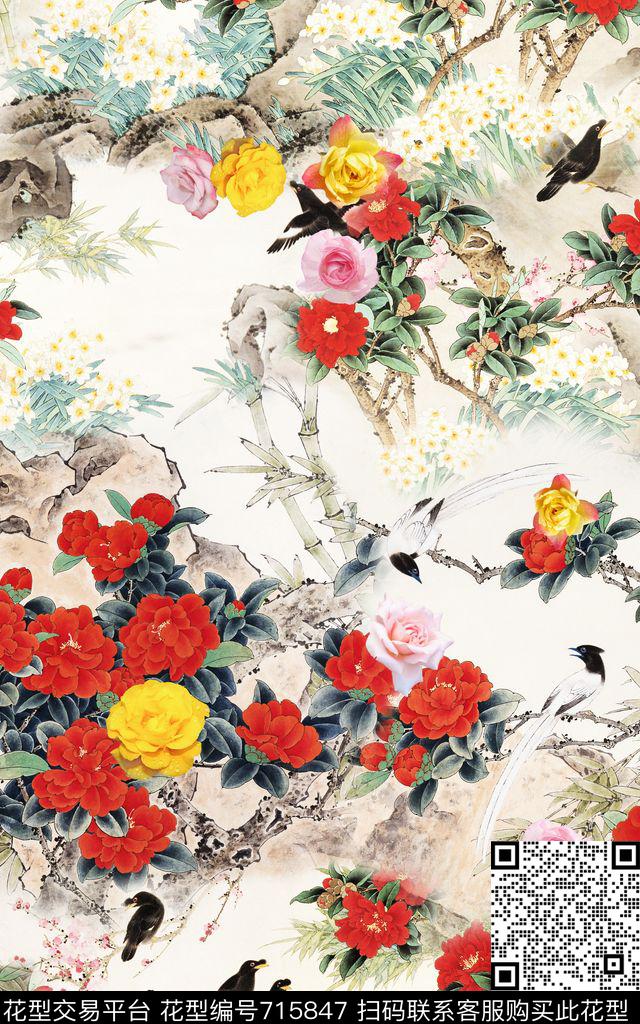中国风国画牡丹数码印花华亿平台下载（图片编号: 715847） - 瓦栏（Walan）