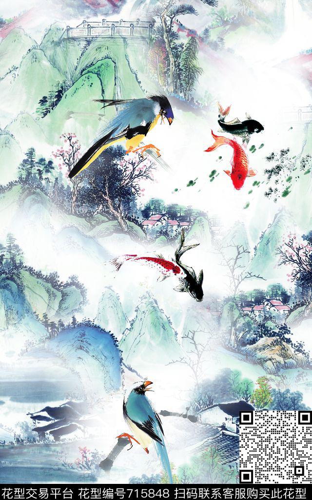 中国风国画山水数码印花华亿平台下载（图片编号: 715848） - 瓦栏（Walan）