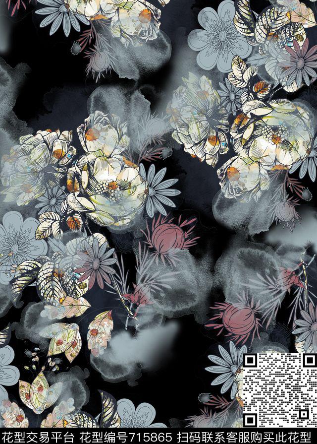 花卉抽象手绘数码印花华亿平台下载（图片编号: 715865） - 瓦栏（Walan）