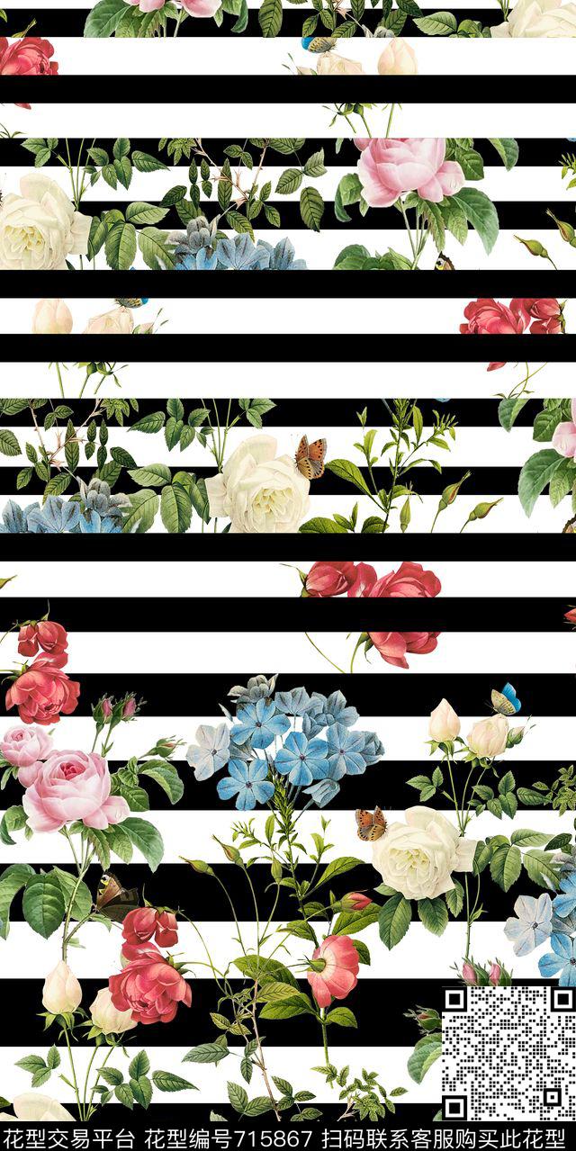 花朵花卉条子数码印花华亿平台下载（图片编号: 715867） - 瓦栏（Walan）