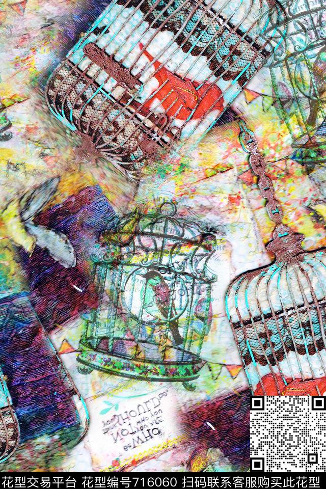 趣味鸟笼复古插画数码印花华亿平台下载（图片编号: 716060） - 瓦栏（Walan）