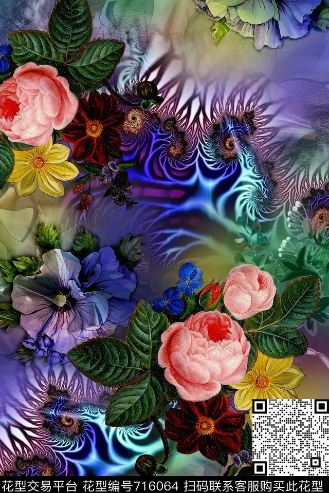 时尚手绘花卉数码印花华亿平台下载（图片编号: 716064） - 瓦栏（Walan）