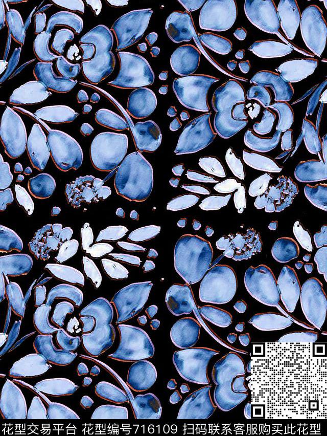 女装手绘花卉数码印花华亿平台下载（图片编号: 716109） - 瓦栏（Walan）