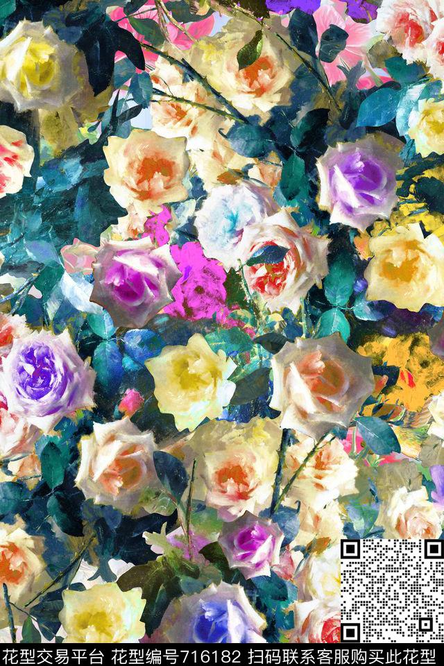 模糊花卉油画华亿平台多彩花簇数码印花华亿平台下载（图片编号: 716182） - 瓦栏（Walan）