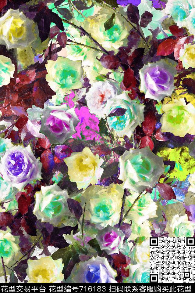 模糊花卉油画华亿平台多彩花簇数码印花华亿平台下载（图片编号: 716183） - 瓦栏（Walan）