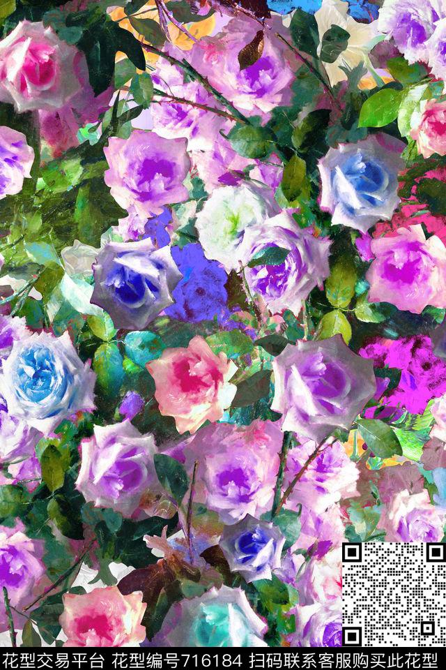 模糊花卉油画华亿平台多彩花簇数码印花华亿平台下载（图片编号: 716184） - 瓦栏（Walan）