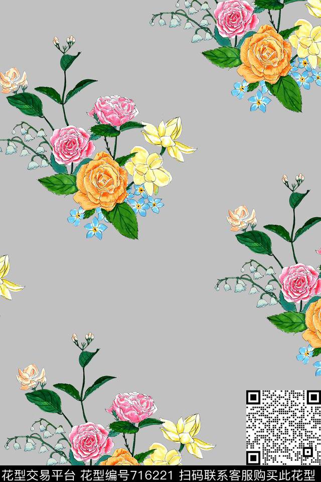 手绘四方连续花卉数码印花华亿平台下载（图片编号: 716221） - 瓦栏（Walan）