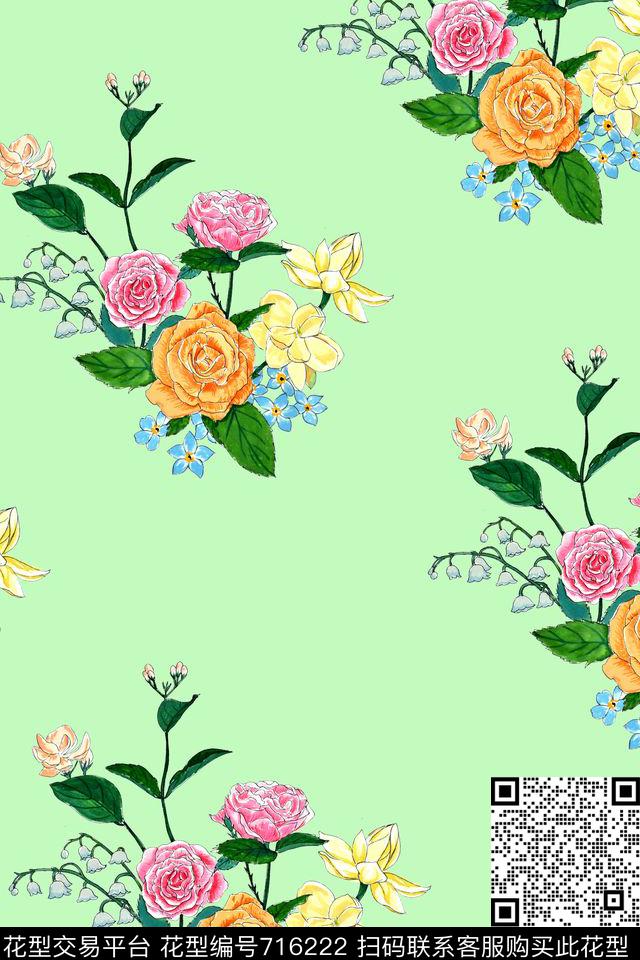 手绘四方连续花卉数码印花华亿平台下载（图片编号: 716222） - 瓦栏（Walan）