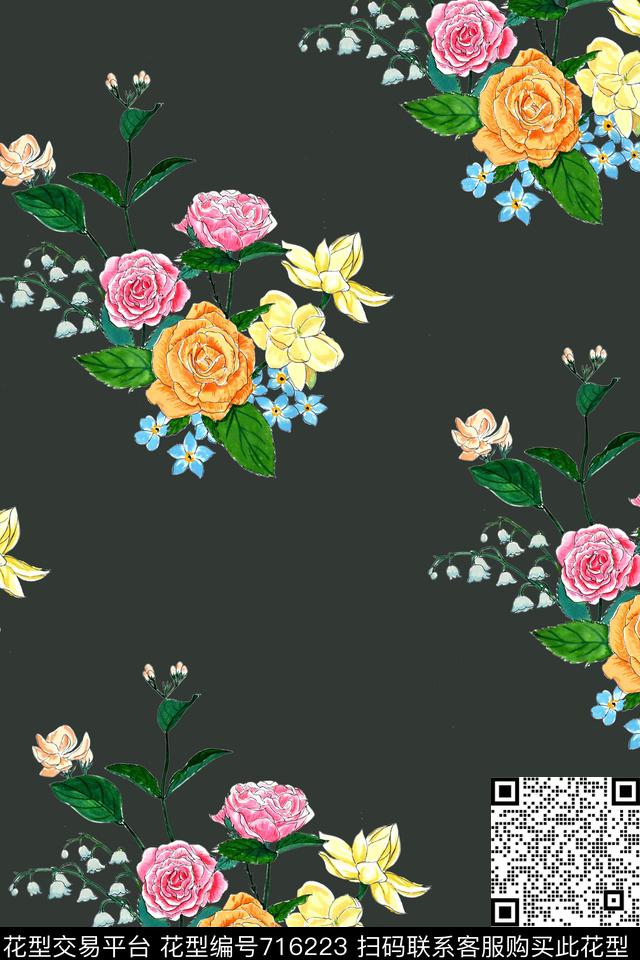 手绘四方连续花卉数码印花华亿平台下载（图片编号: 716223） - 瓦栏（Walan）