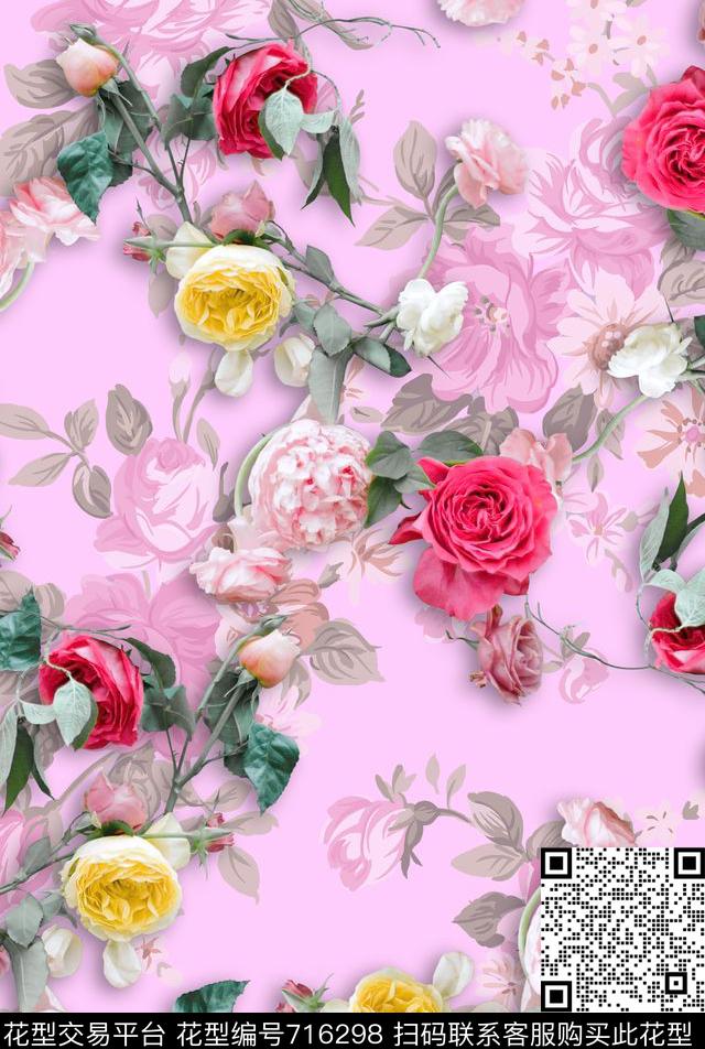 牡丹玫瑰花朵数码印花华亿平台下载（图片编号: 716298） - 瓦栏（Walan）