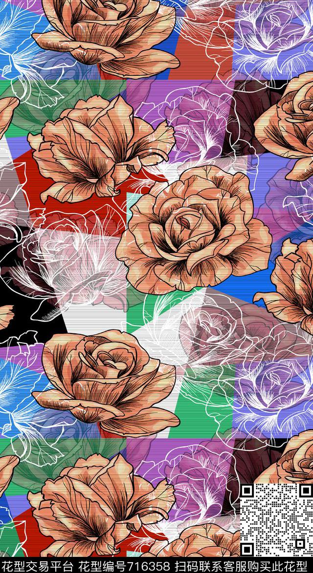 几何大花花朵数码印花华亿平台下载（图片编号: 716358） - 瓦栏（Walan）