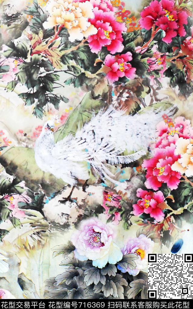 牡丹中国风国画数码印花华亿平台下载（图片编号: 716369） - 瓦栏（Walan）