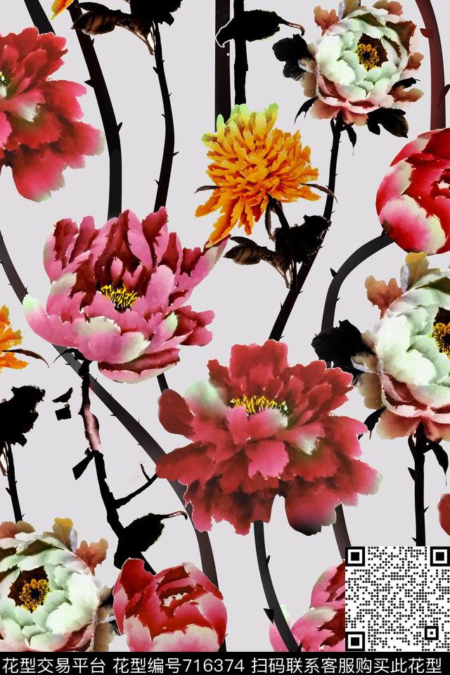 花卉花鸟条纹传统印花华亿平台下载（图片编号: 716374） - 瓦栏（Walan）