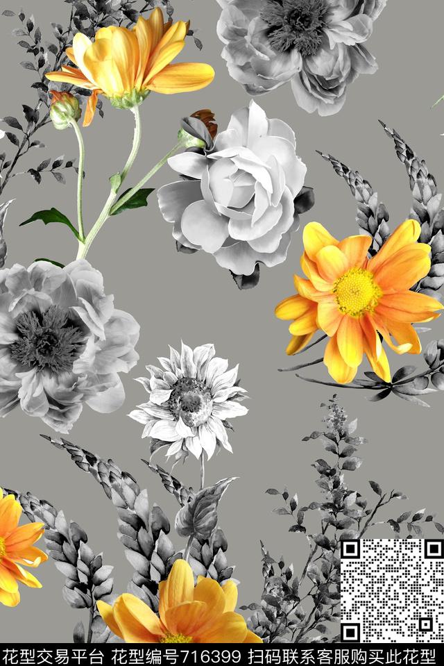 花朵花卉黑白数码印花华亿平台下载（图片编号: 716399） - 瓦栏（Walan）