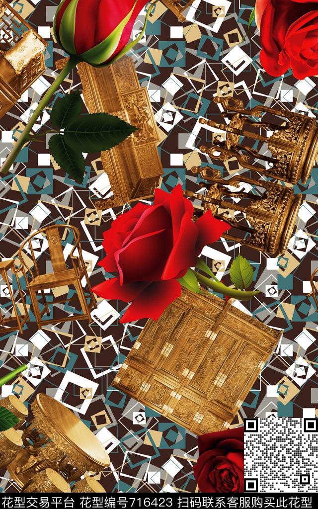 花朵花卉玫瑰数码印花华亿平台下载（图片编号: 716423） - 瓦栏（Walan）