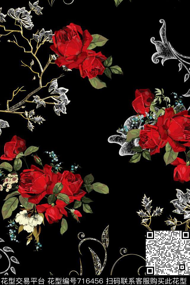 黑底花卉休闲花纹数码印花华亿平台下载（图片编号: 716456） - 瓦栏（Walan）