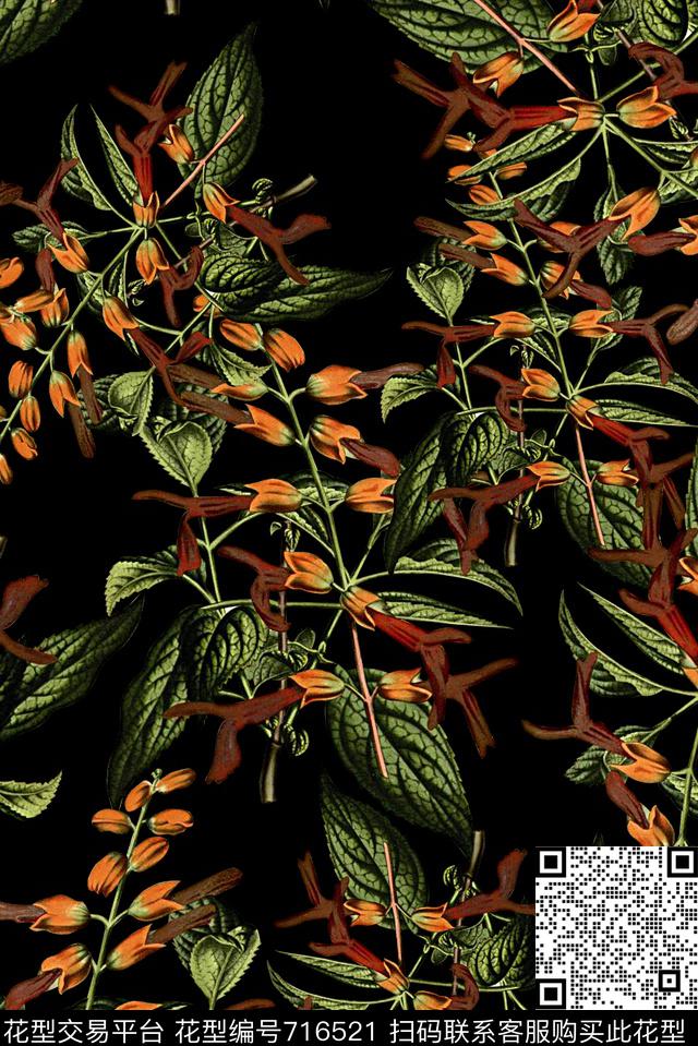 抽象手绘植物树叶数码印花时尚了女装裙子花卉印花欧美大牌女装复古外套印花数码印花华亿平台下载（图片编号: 716521） - 瓦栏（Walan）