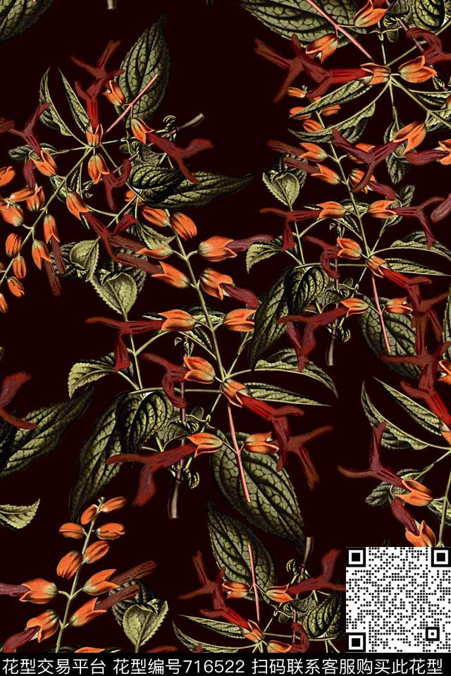 抽象手绘植物树叶数码印花时尚了女装裙子花卉印花欧美大牌女装复古外套印花数码印花华亿平台下载（图片编号: 716522） - 瓦栏（Walan）