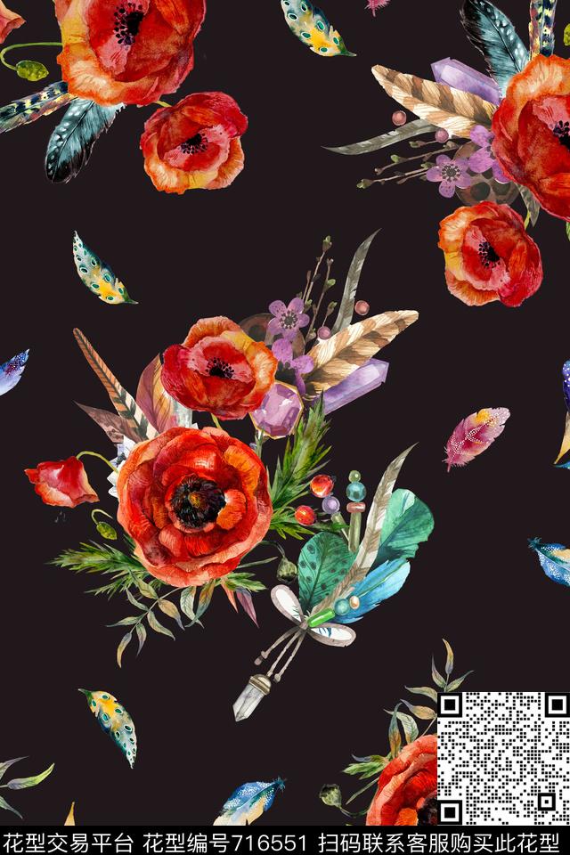 花卉羽毛水彩数码印花华亿平台下载（图片编号: 716551） - 瓦栏（Walan）
