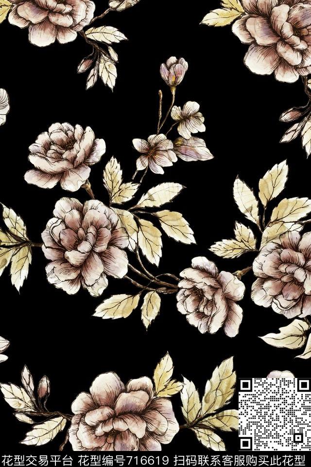 个性花朵手绘花数码印花华亿平台下载（图片编号: 716619） - 瓦栏（Walan）