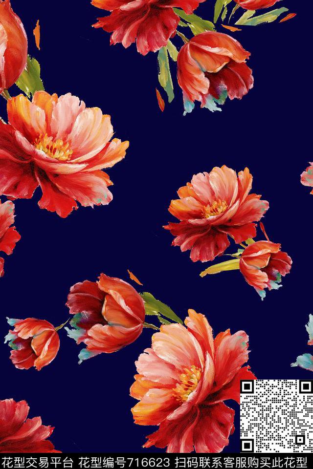 手绘花大花花卉数码印花华亿平台下载（图片编号: 716623） - 瓦栏（Walan）