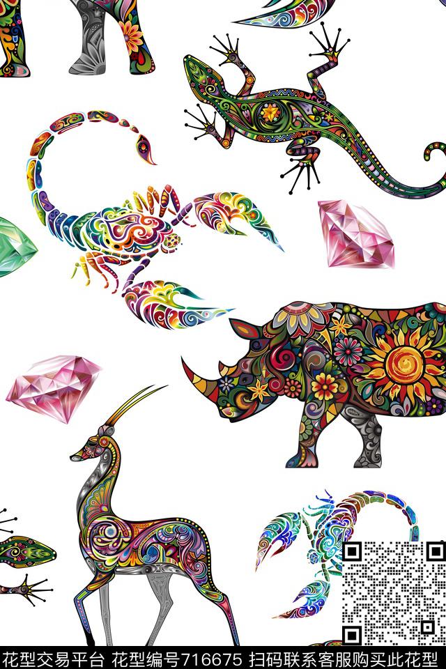 动物刺青宝石蝎子大象鹿数码印花华亿平台下载（图片编号: 716675） - 瓦栏（Walan）