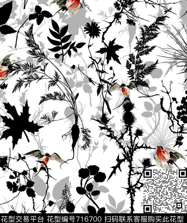 花草热爱植物剪影数码印花华亿平台下载（图片编号: 716700） - 瓦栏（Walan）