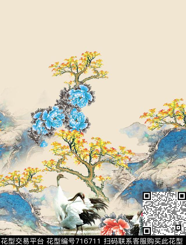 国画仙鹤发财树数码印花华亿平台下载（图片编号: 716711） - 瓦栏（Walan）