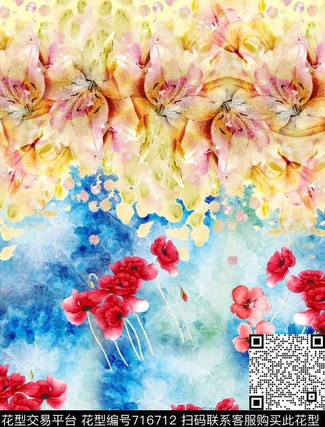 水彩渐变红花喷溅数码印花华亿平台下载（图片编号: 716712） - 瓦栏（Walan）