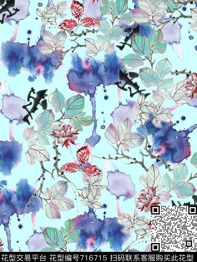 中国风水彩渐变手绘数码印花华亿平台下载（图片编号: 716715） - 瓦栏（Walan）